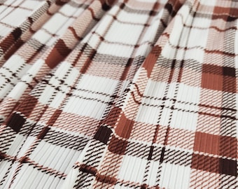 Ribbed Knit Fabric, Rust/Chocolate Plaid Print, Poly Spandex Blend,