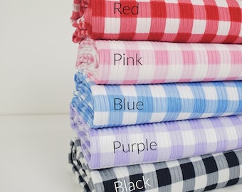 Rib Knit Fabric, Checkered Plaid Print, Red/Pink/Blue/Purple/Black, PolySpandex Blend, , 4Way Stretch