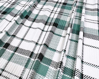 Ribbed Knit Fabric, Sage/White/Charcoal Plaid Print, Poly Spandex Blend,
