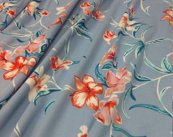 Double Brushed Poly, DBP Fabric, Pink and Coral Floral with Blue Base,, Fabric by the 1/2 Yard, Yard, or Sample, 4 Way Stretch