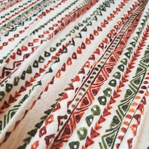 Double Brushed Poly, DBP Fabric, Red/Green/Tan Christmas Tribal Print,