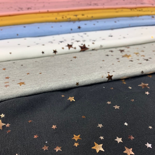 CLEARANCE - French Terry, Silver & Gold Foil Stars SOLIDS VARIETY, Poly Rayon Blend, Fabric by the 1/2 Yard, Yard, or Sample, 2 Way Stretch