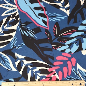 Tropical Leaf Print Double Brushed Poly Fabric: Blue, Black, Ivory, Fuchsia - 4 Way Stretch