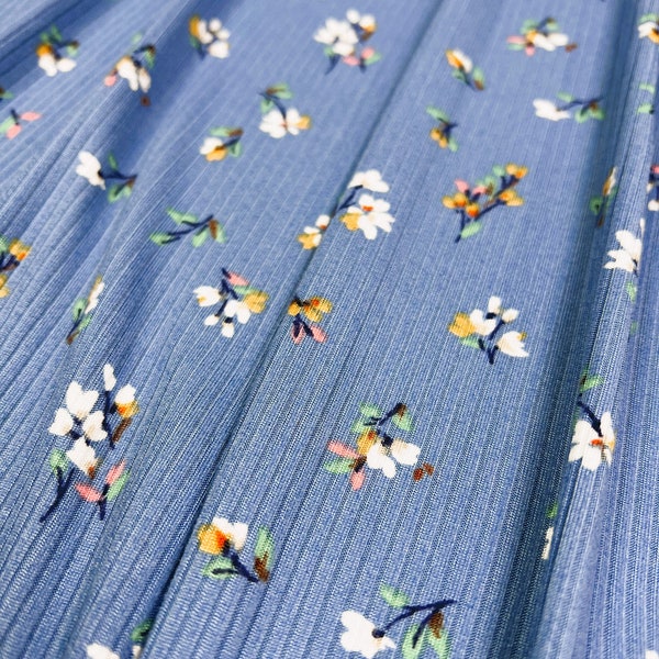 Rib Knit Fabric, Ditsy White/Yellow/Pink/Sage Floral Print w/ Light Blue Base, 4x2 Rib, Fabric by the 1/2 Yard, Yard, Sample, 4 Way Stretch