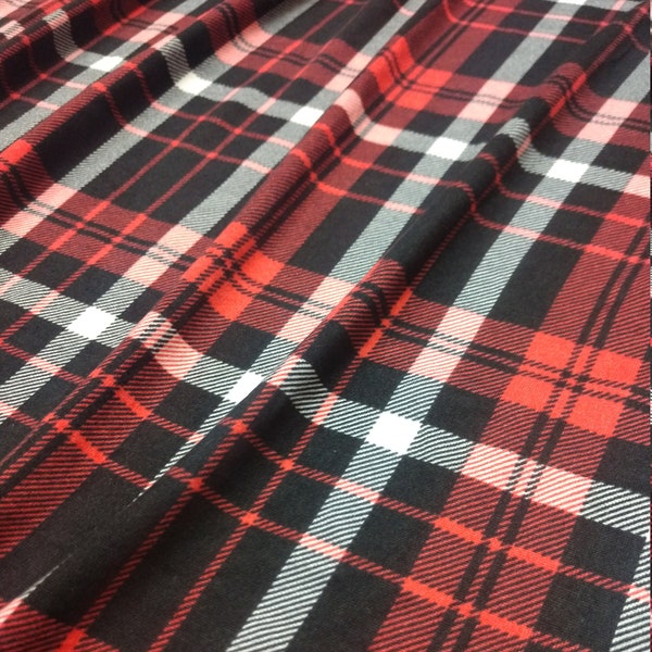 Double Brushed Poly, DBP Fabric, Imperial Red/Black/White Plaid Print, Poly Blend, Fabric by the 1/2 Yard, Yard, or Sample, 4 Way Stretch