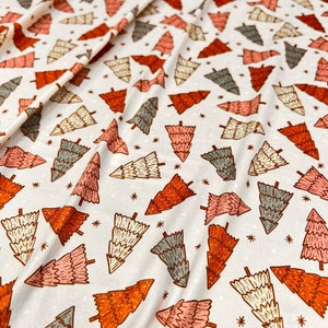 Double Brushed Poly, DBP Fabric, Retro Christmas Trees and Snowflake/Polka Dots,