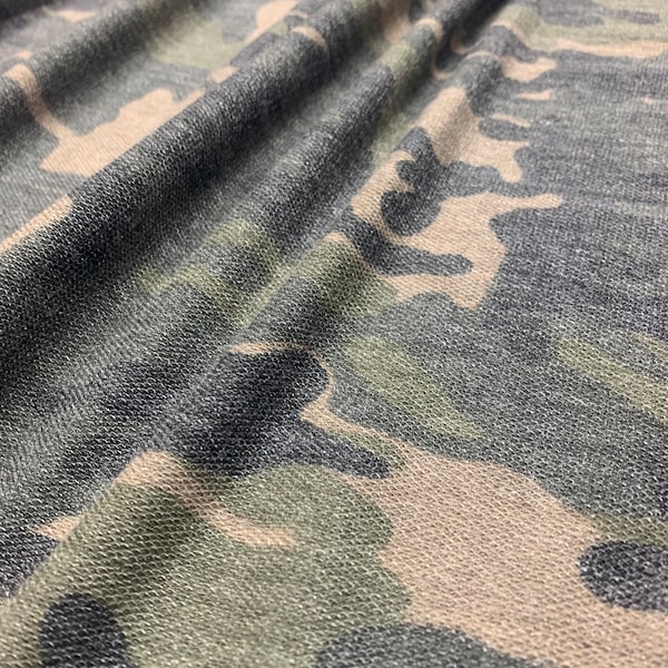 French Terry, Knit Fabric, Heathered Sage/Grey/Tan Camo, Poly Rayon Blend, Fabric by the 1/2 yard, 2 Way Stretch