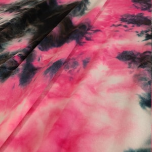 Double Brushed Poly, DBP Fabric, Pink and Black Tie Dye with Blue Tones,