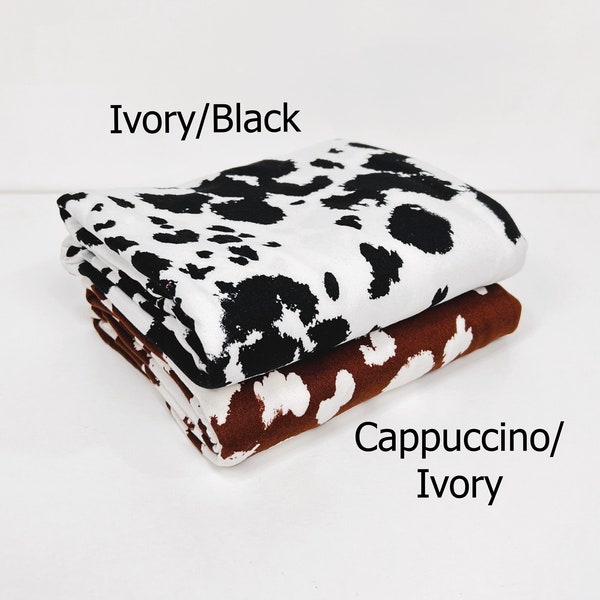 Double Brushed Poly, DBP Fabric, Cow Print, 2 Color Ways (Ivory/Black, Cappuccino/Black) Fabric by the 1/2 Yard, Yard, Sample, 4 Way Stretch