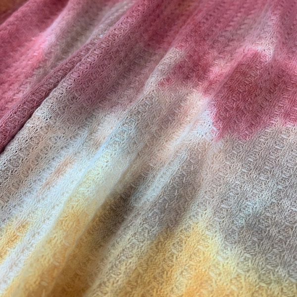 CLEARANCE - Waffle Fabric, Knit Fabric, Magenta/Tan/Yellow Tie Dye, Poly Blend, Fabric by the 1/2 Yard, Yard, 4 Way Stretch