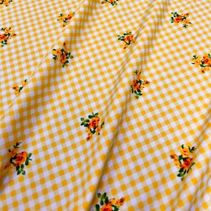 Swimwear/Athletic Knit, Yellow and Ivory Gingham Floral Print, Nylon Spandex Blend, Fabric by the 1/2 yard, Yard, or Sample, 4 Way Stretch