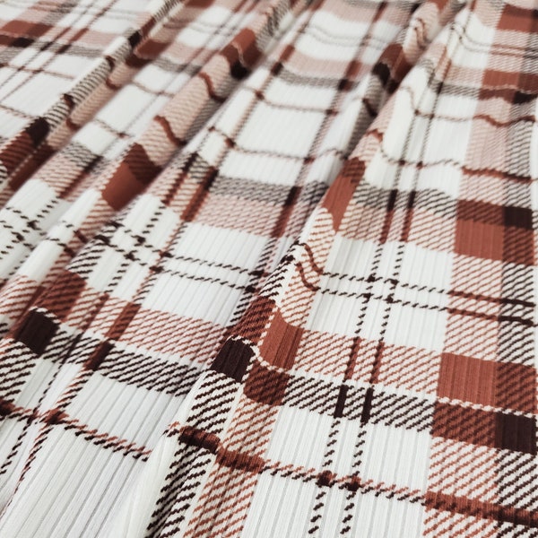 Ribbed Knit Fabric, Rust Chocolate Plaid Print