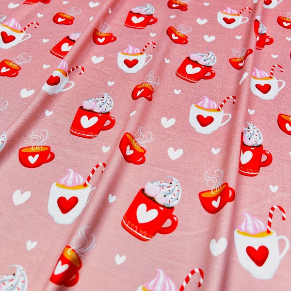 Double Brushed Poly, DBP Fabric, Cozy Hearts & Hot Chocolate on Light Pink Base, Fabric by the 1/2 Yard, Yard, or Sample, 4 Way Stretch