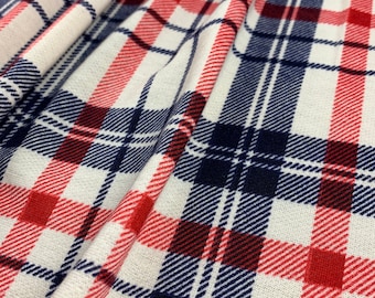 CLEARANCE - French Terry, Knit Fabric, Red/Navy/Ivory Plaid, Poly Rayon Blend, Fabric by the 1/2 Yard, Yard, or Sample, 2 Way Stretch