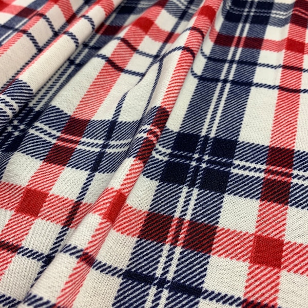 CLEARANCE - French Terry, Knit Fabric, Red/Navy/Ivory Plaid, Poly Rayon Blend, Fabric by the 1/2 Yard, Yard, or Sample, 2 Way Stretch