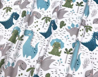 Double Brushed Poly, Baby Dino in Blues/Greens/Greys, Poly Spandex