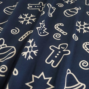 Double Brushed Poly, DBP Fabric, Navy/White Christmas Cut-Out Print,