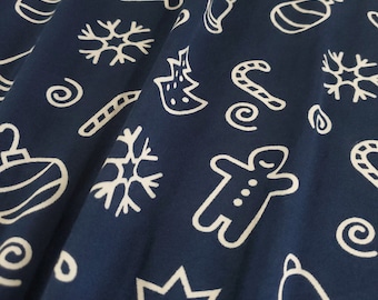 Double Brushed Poly, DBP Fabric, Navy/White Christmas Cut-Out Print, Fabric by the 1/2 Yard, Yard, or Sample, 4 Way Stretch