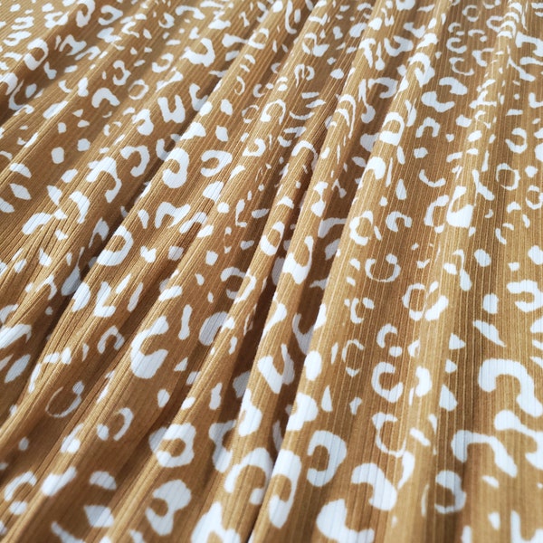 Ribbed Knit Fabric, Caramel and White Leopard Print, 4x2 Rib, Poly Spandex Blend, Fabric by the 1/2 Yard, Yard, Sample, 4 Way Stretch