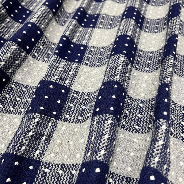 Wool Coating, Heavy Weight Fabric, Grey/Navy Plaid w/ White Polka Dots, 50/50Wool/Polyester, Fabric by the 1/2 Yard, Yard, Sample, NoStretch