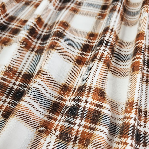 French Terry Knit Fabric, Distressed Plaid, Caramel/Chocolate Brown, Poly Rayon Blend, Fabric by the 1/2 Yard, Yard, Sample, 2 Way Stretch