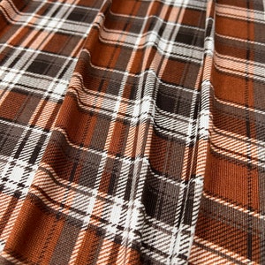 Super Soft Hacci Sweater Knit, Warm Browns and Ivory Plaid Print, Brushed Fabric, Poly Spandex Blend, Fabric by the 1/2 Yard, Yard, Sample