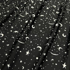 Swimwear/Athletic Knit, Black and White Celestial Moon and Star, Nylon Spandex Blend, Fabric by the 1/2 yard, Yard, or Sample, 4 Way Stretch