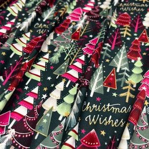 Double Brushed Poly Fabric: Green, Burgundy, Gold, Christmas Trees
