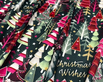 Dubbel geborstelde polystof: groen, bordeauxrood, goud, kerstbomen