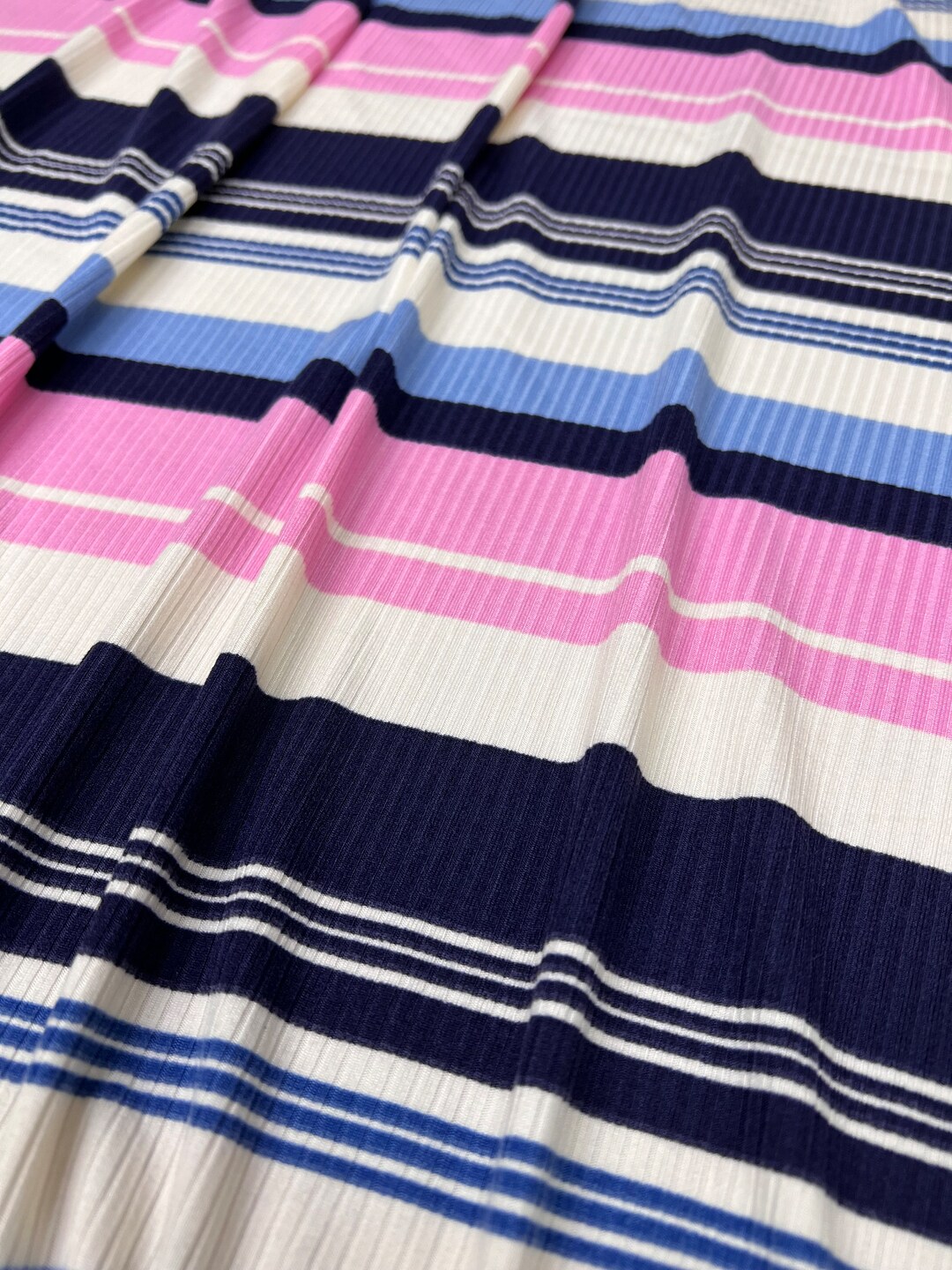 Rib Knit Fabric, Pink/blue/navy/cream Variegated Stripes, 4x2 Rib ...