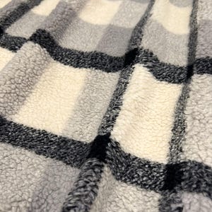 Sherpa Faux Fur, Large Print Plaid, Ivory/Grey/Black, 100% Polyester, Fabric by the 1/2 Yard or Yard
