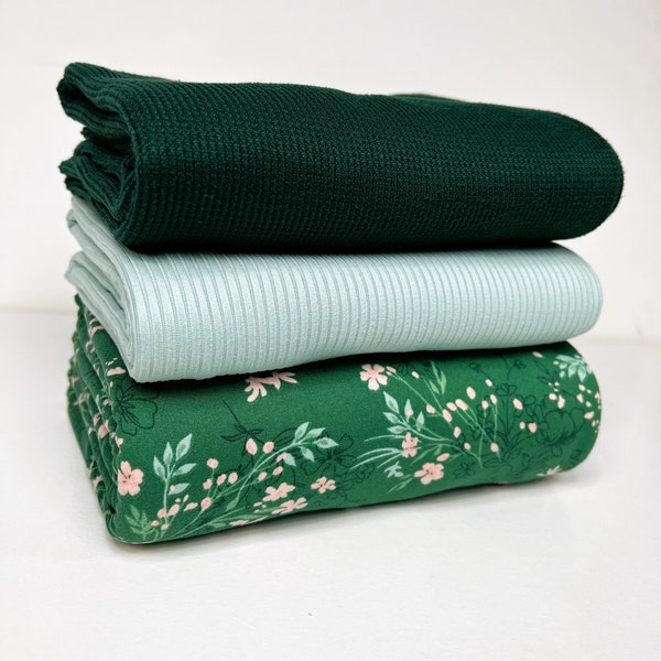Monday Mix Bundle - Choose Your Yardage - Forest Green Thermal, Mint 4x2 Rib Knit, Green/Mint/Light Pink Floral DBP