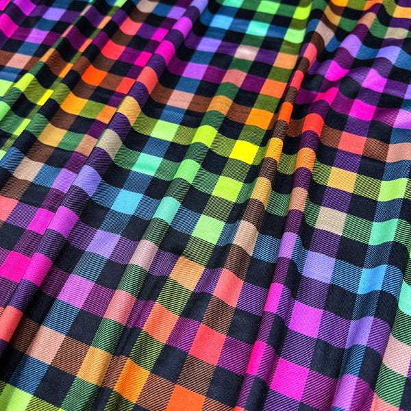 Double Brushed Poly, Colorful Neon and Black Gingham Plaid,