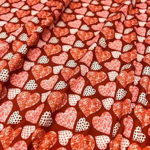 Double Brushed Poly, DBP Fabric, Pink/Red Hearts w/ &quot;Love&quot; Scrawl and Polka Dots,