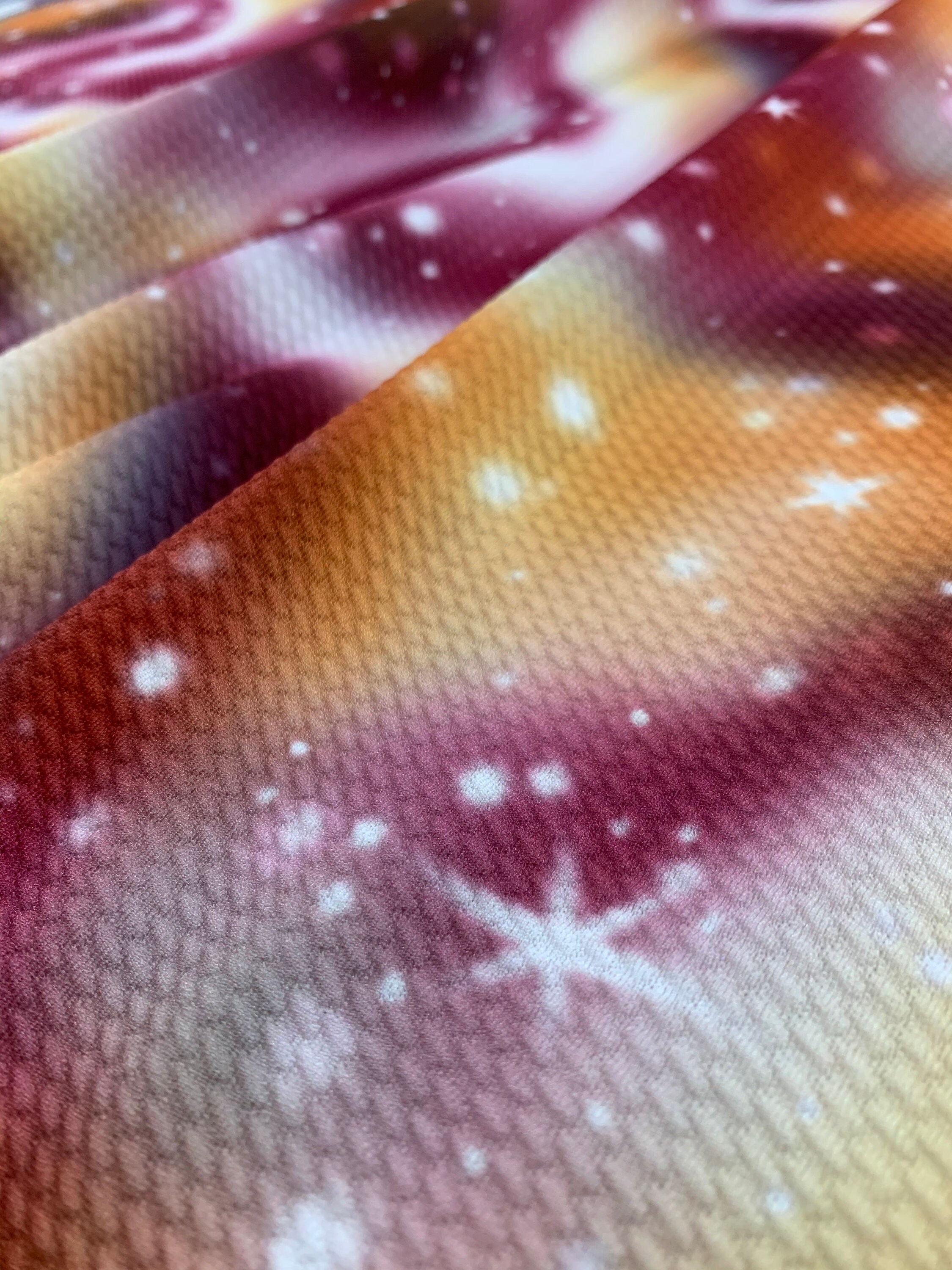 CLEARANCE - Bullet Knit Fabric, Galaxy Print, Burgundy/Mustard/White, Textured, Poly Spandex Blend, Fabric by the 1/2 Yard, Yard, or Sample