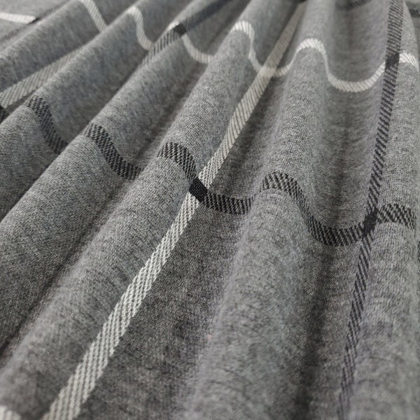 Double Knit Jacquard Fabric, Grey/Black/White Windowpane Plaid Print, Fabric by the 1/2 Yard, Yard, or Sample, 2 Way Stretch