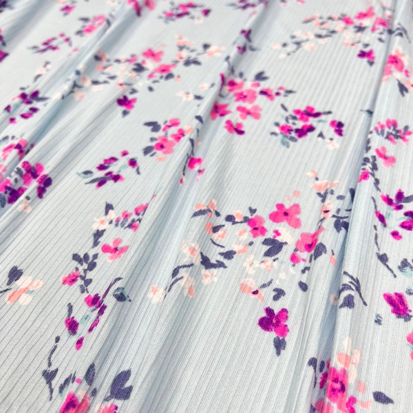 Rib Knit Fabric, Ditsy Pink/Purple Floral Print w/ Light Blue Base, 4x2 Rib, Fabric by the 1/2 Yard, Yard, Sample, 4 Way Stretch