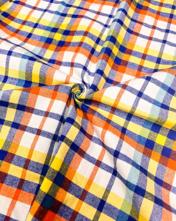 Karierter Flanell-Stoff, weiß gelb marine orange kariert mit