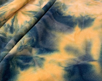 CLEARANCE - Double Brushed Poly, DBP Fabric, Mustard and Black Tie Dye Fabric w/ Green Tones, Fabric by the 1/2 Yard, Yard, 4 Way Stretch