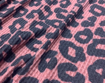 CLEARANCE - Brushed Waffle Fabric, Knit Fabric, Clay & Black Large Leopard Print, Poly Blend, Fabric by the 1/2 Yard, Yard, 4 Way Stretch