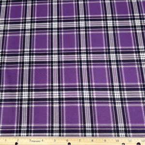 Double Brushed Poly, Purple/White/Black Plaid Print, Polyester Spandex Blend, Fabric by the 1/2 Yard, Yard, or Sample, 4 Way Stretch image 1