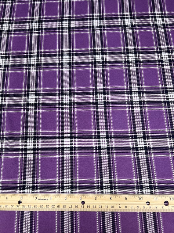 Double Brushed Poly, Purple/White/Black Plaid Print, Polyester Spandex Blend, Fabric by the 1/2 Yard, Yard, or Sample, 4 Way Stretch