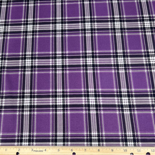 Double Brushed Poly, Purple/White/Black Plaid Print, Polyester Spandex Blend, Fabric by the 1/2 Yard, Yard, or Sample, 4 Way Stretch