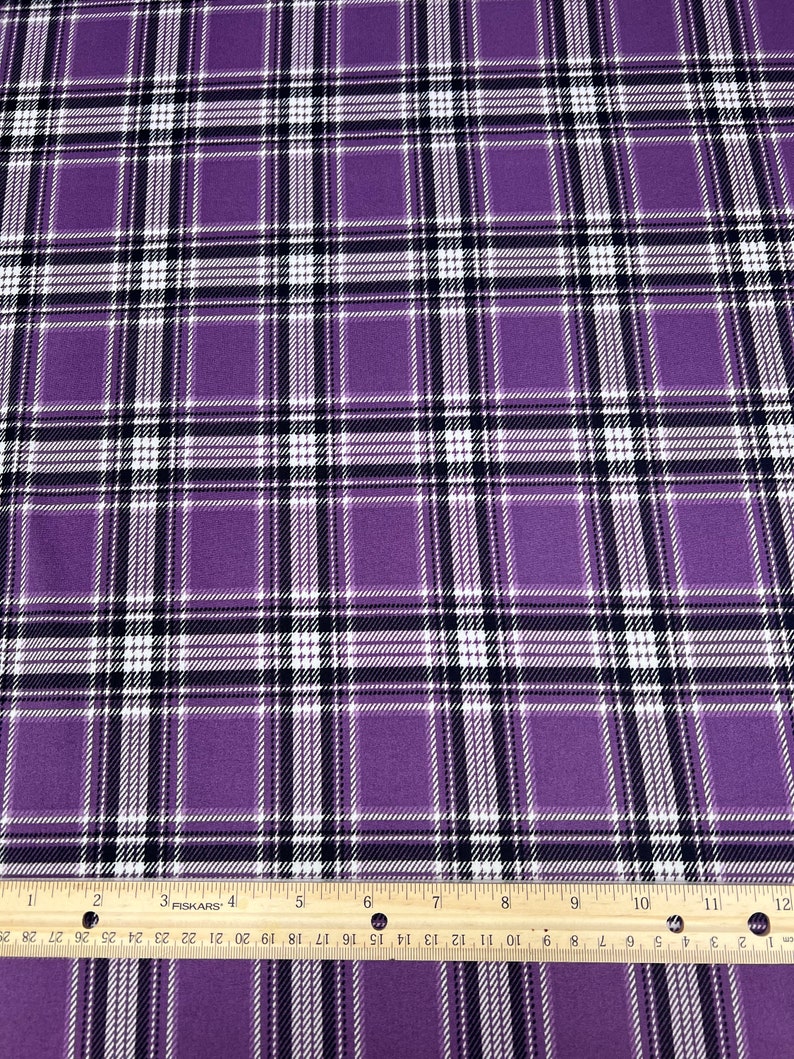Double Brushed Poly, Purple/White/Black Plaid Print, Polyester Spandex Blend, Fabric by the 1/2 Yard, Yard, or Sample, 4 Way Stretch image 1