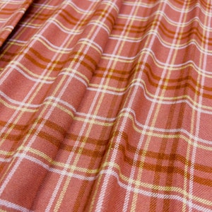 Plaid Flannel Fabric, Salmon/Peach/Yellow Plaid, Light-Medium Weight, Single Sided Brushed, Fabric Cut Continuously