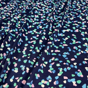 Double Brushed Poly, DBP Fabric, Blue and Lavender Abstract Polka Dots w/ Navy Base,