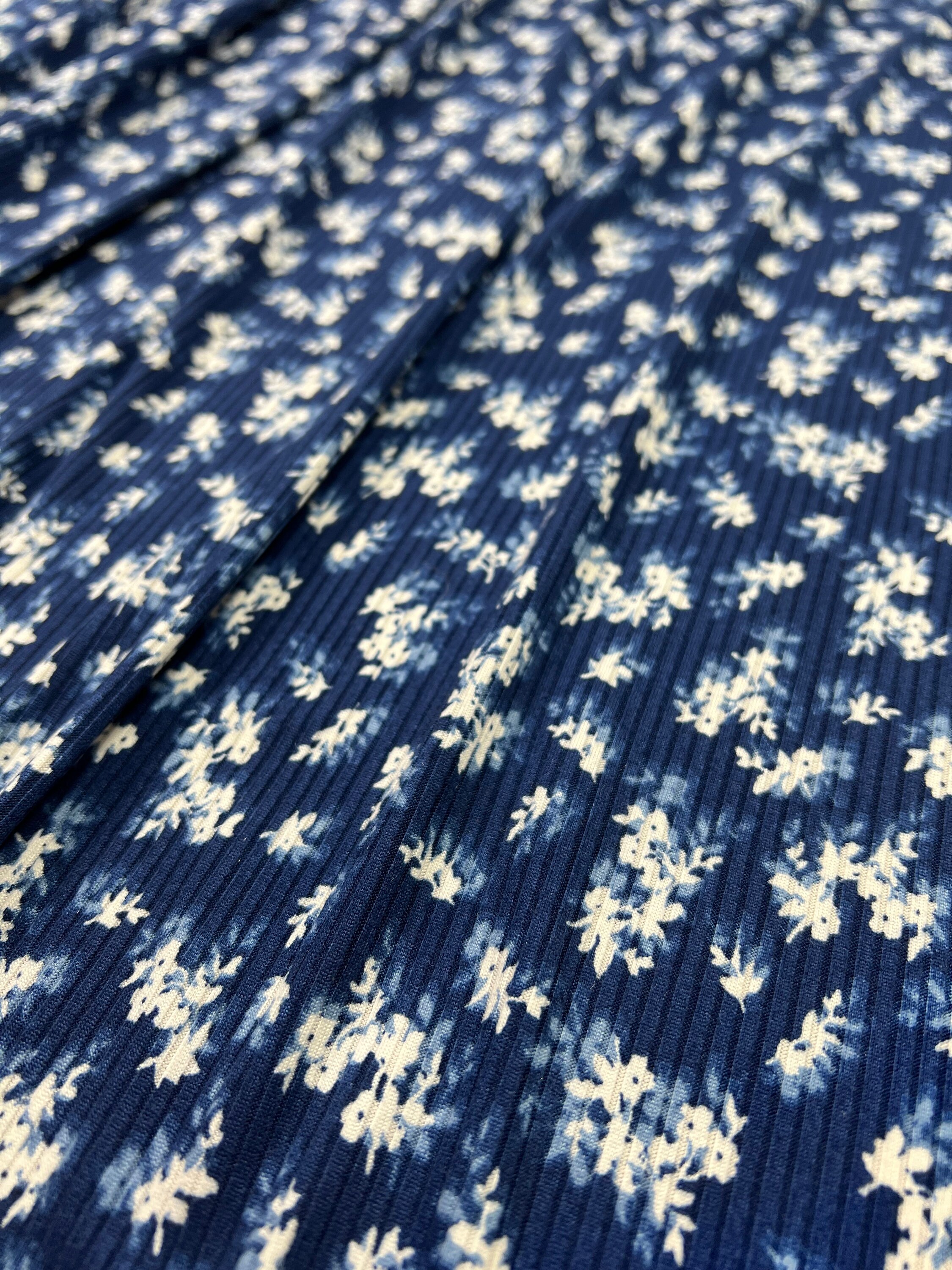 Floral Ribbed Knit Fabric: Navy Blue, White Print, 4-Way Stretch