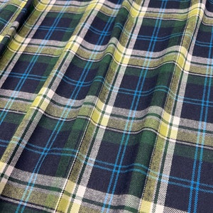 Plaid Flannel Fabric, Navy/Green/Lime Plaid w/ Hints of White and Bright Blue, Medium Weight, Single Sided Brushed, Fabric Cut Continuously