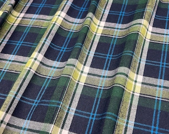 Plaid Flannel Fabric: Navy/Green/White/Bright Blue, Medium Weight, Single Sided Brushed