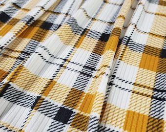 Ribbed Knit Fabric, Yellow/Charcoal Plaid Print, Poly Spandex Blend,